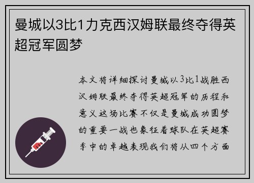曼城以3比1力克西汉姆联最终夺得英超冠军圆梦