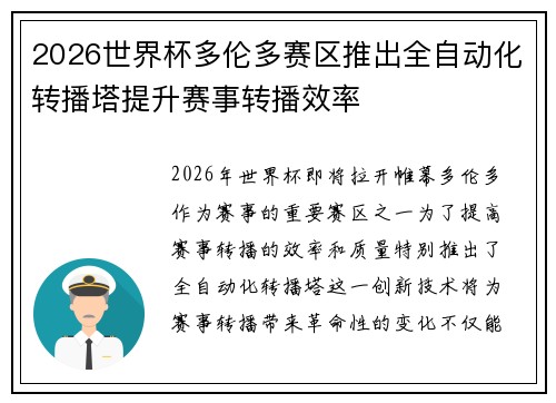 2026世界杯多伦多赛区推出全自动化转播塔提升赛事转播效率